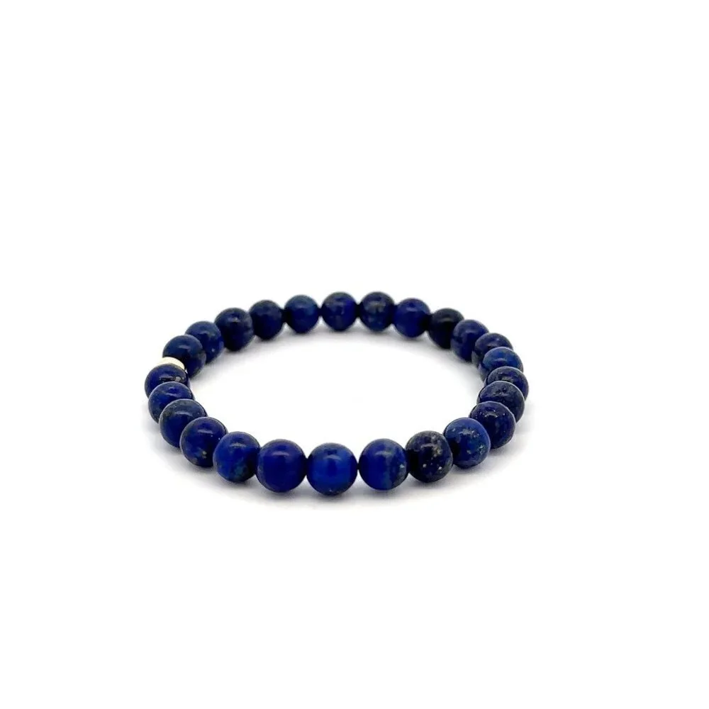 Natural Lapis Lazuli Gemstones 6mm Stretchable Bracelet 18k Gold Bead Charm - Picture 3 of 4